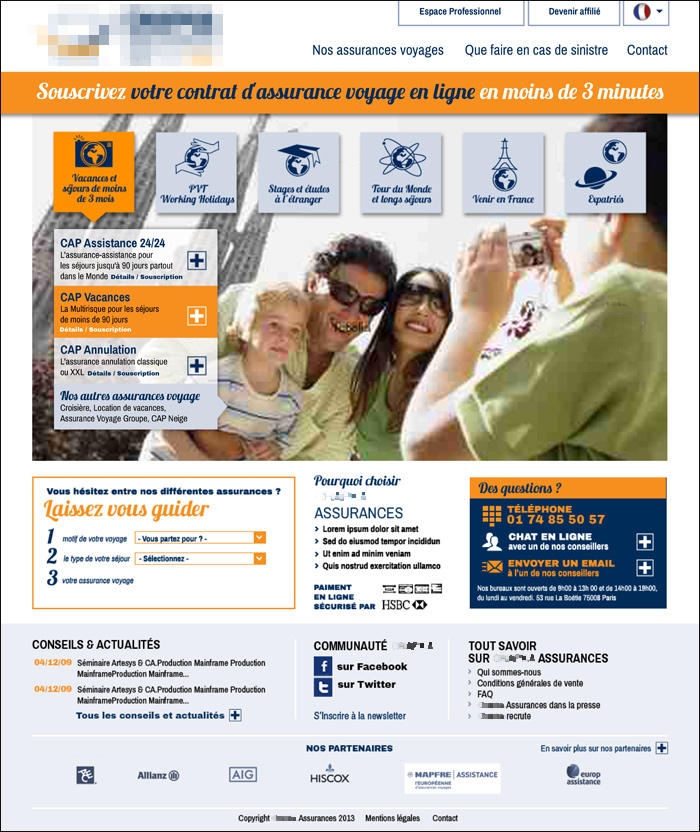 Page d'accueil pour un site d'assurance-voyage en ligne