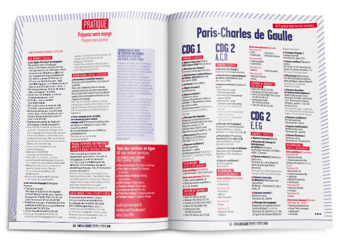 Évolution graphique de ParisWorldWide, pages pratiques du Guide Aéroport